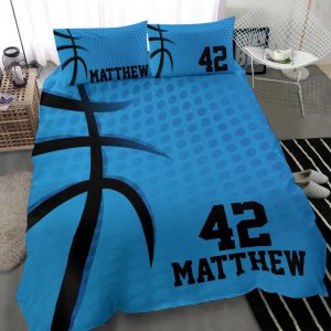 Personalized Basketball Duvet Cover Set, Basketball Blue Dot Pattern Plaey Gift Duvet Cover & Pillowcases, Custom Name Number Bedding Set