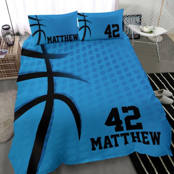 Personalized Basketball Duvet Cover Set, Basketball Blue Dot Pattern Plaey Gift Duvet Cover & Pillowcases, Custom Name Number Bedding Set