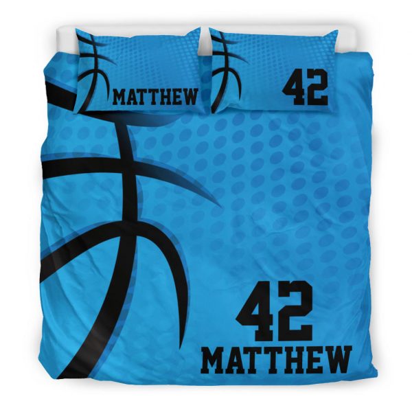 Personalized Basketball Duvet Cover Set, Basketball Blue Dot Pattern Plaey Gift Duvet Cover & Pillowcases, Custom Name Number Bedding Set