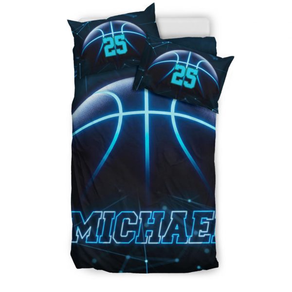 Personalized Basketball Duvet Cover Set, Basketball Blue Light Player Gift Black Duvet Cover & Pillowcases, Custom Name Number Bedding Set