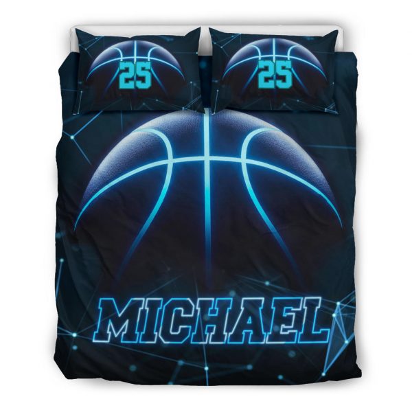 Personalized Basketball Duvet Cover Set, Basketball Blue Light Player Gift Black Duvet Cover & Pillowcases, Custom Name Number Bedding Set