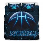 Personalized Basketball Duvet Cover Set, Basketball Blue Light Player Gift Black Duvet Cover & Pillowcases, Custom Name Number Bedding Set