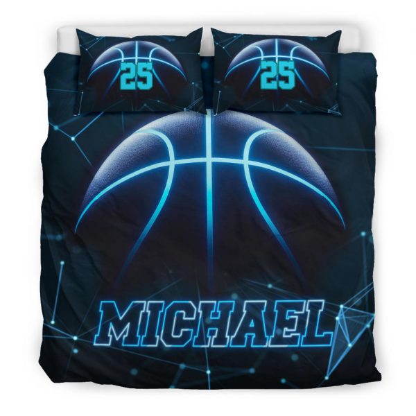 Personalized Basketball Duvet Cover Set, Basketball Blue Light Player Gift Black Duvet Cover & Pillowcases, Custom Name Number Bedding Set