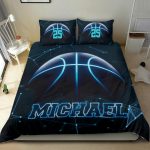 Personalized Basketball Duvet Cover Set, Basketball Blue Light Player Gift Black Duvet Cover & Pillowcases, Custom Name Number Bedding Set