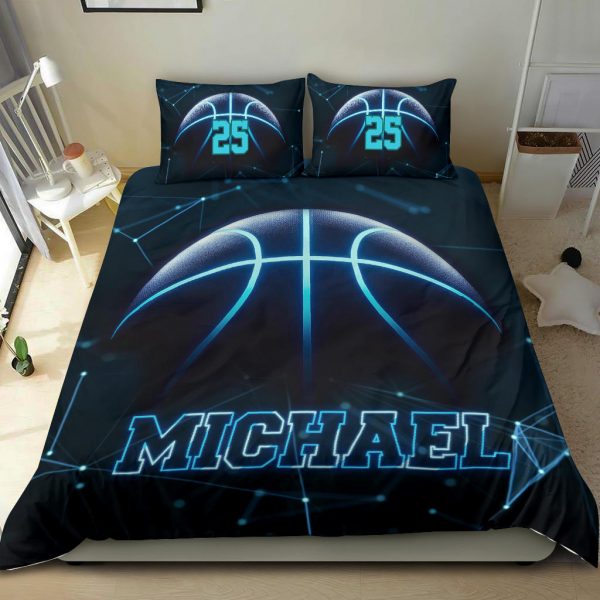 Personalized Basketball Duvet Cover Set, Basketball Blue Light Player Gift Black Duvet Cover & Pillowcases, Custom Name Number Bedding Set