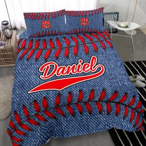 Personalized Baseball Duvet Cover Set, Baseball Jeans Pattern Blue Player Gift Duvet Cover & Pillowcases, Custom Name Number Bedding Set