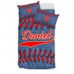 Personalized Baseball Duvet Cover Set, Baseball Jeans Pattern Blue Player Gift Duvet Cover & Pillowcases, Custom Name Number Bedding Set