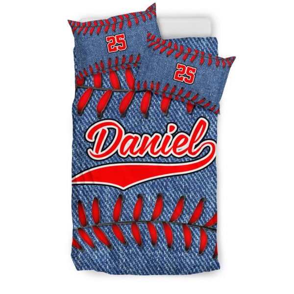 Personalized Baseball Duvet Cover Set, Baseball Jeans Pattern Blue Player Gift Duvet Cover & Pillowcases, Custom Name Number Bedding Set