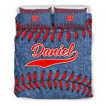 Personalized Baseball Duvet Cover Set, Baseball Jeans Pattern Blue Player Gift Duvet Cover & Pillowcases, Custom Name Number Bedding Set