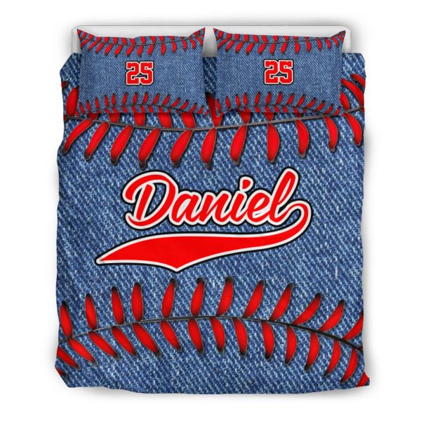 Personalized Baseball Duvet Cover Set, Baseball Jeans Pattern Blue Player Gift Duvet Cover & Pillowcases, Custom Name Number Bedding Set