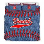 Personalized Baseball Duvet Cover Set, Baseball Jeans Pattern Blue Player Gift Duvet Cover & Pillowcases, Custom Name Number Bedding Set