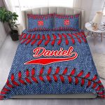 Personalized Baseball Duvet Cover Set, Baseball Jeans Pattern Blue Player Gift Duvet Cover & Pillowcases, Custom Name Number Bedding Set