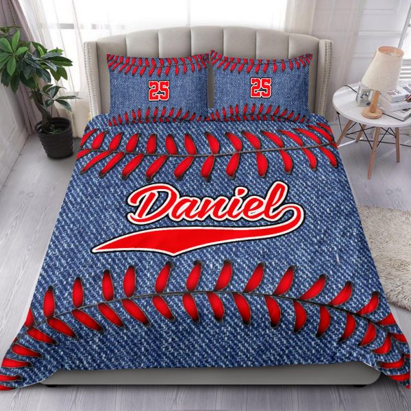 Personalized Baseball Duvet Cover Set, Baseball Jeans Pattern Blue Player Gift Duvet Cover & Pillowcases, Custom Name Number Bedding Set