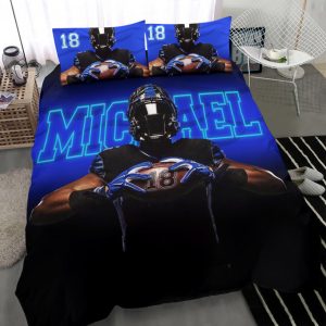 Personalized Football Duvet Cover Set, America Football Player Gift Blue Black 3D Duvet Cover & Pillowcases, Custom Name Number Bedding Set