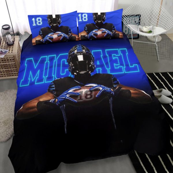 Personalized Football Duvet Cover Set, America Football Player Gift Blue Black 3D Duvet Cover & Pillowcases, Custom Name Number Bedding Set