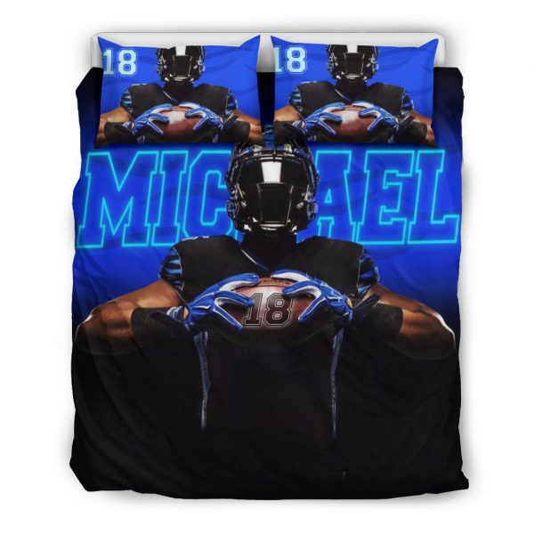 Personalized Football Duvet Cover Set, America Football Player Gift Blue Black 3D Duvet Cover & Pillowcases, Custom Name Number Bedding Set