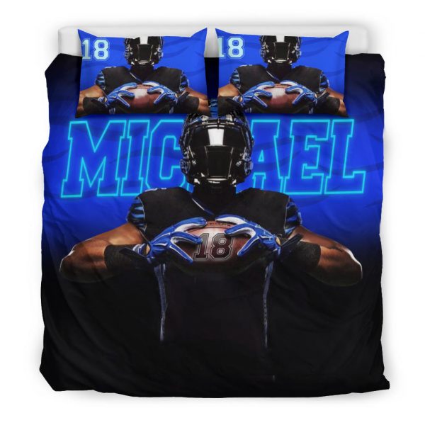 Personalized Football Duvet Cover Set, America Football Player Gift Blue Black 3D Duvet Cover & Pillowcases, Custom Name Number Bedding Set