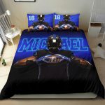 Personalized Football Duvet Cover Set, America Football Player Gift Blue Black 3D Duvet Cover & Pillowcases, Custom Name Number Bedding Set