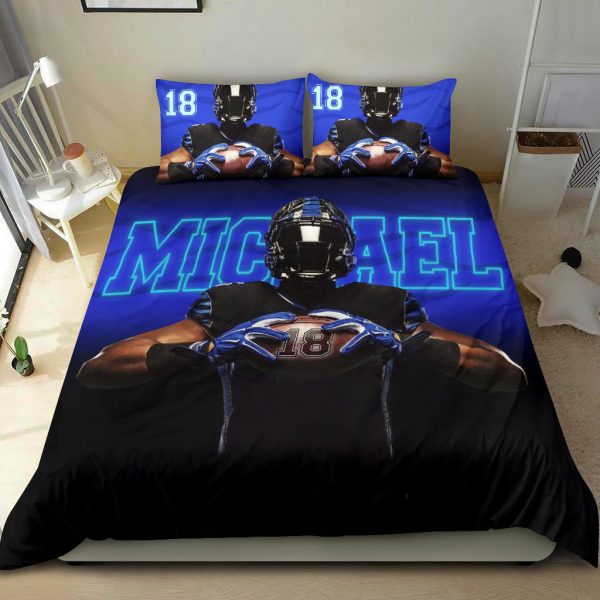 Personalized Football Duvet Cover Set, America Football Player Gift Blue Black 3D Duvet Cover & Pillowcases, Custom Name Number Bedding Set