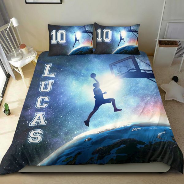 Personalized Basketball Duvet Cover Set, Basketball Blue Galaxy Slam Dunk Universe Duvet Cover & Pillowcases, Custom Name Number Bedding Set
