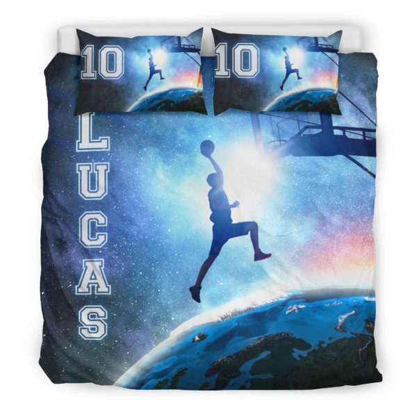 Personalized Basketball Duvet Cover Set, Basketball Blue Galaxy Slam Dunk Universe Duvet Cover & Pillowcases, Custom Name Number Bedding Set