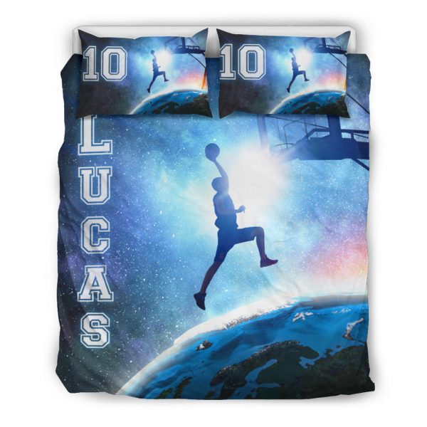 Personalized Basketball Duvet Cover Set, Basketball Blue Galaxy Slam Dunk Universe Duvet Cover & Pillowcases, Custom Name Number Bedding Set