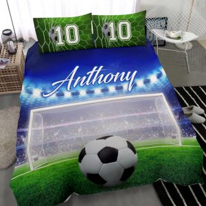 Personalized Soccer Duvet Cover Set, Soccer Ball Goal Field Player Gift Idea Blue Duvet Cover & Pillowcases, Custom Name Number Bedding Set