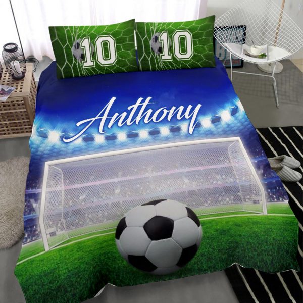 Personalized Soccer Duvet Cover Set, Soccer Ball Goal Field Player Gift Idea Blue Duvet Cover & Pillowcases, Custom Name Number Bedding Set