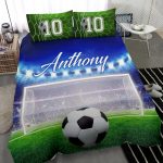 Personalized Soccer Duvet Cover Set, Soccer Ball Goal Field Player Gift Idea Blue Duvet Cover & Pillowcases, Custom Name Number Bedding Set