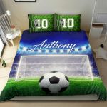 Personalized Soccer Duvet Cover Set, Soccer Ball Goal Field Player Gift Idea Blue Duvet Cover & Pillowcases, Custom Name Number Bedding Set