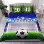 Personalized Soccer Duvet Cover Set, Soccer Ball Goal Field Player Gift Idea Blue Duvet Cover & Pillowcases, Custom Name Number Bedding Set