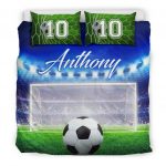 Personalized Soccer Duvet Cover Set, Soccer Ball Goal Field Player Gift Idea Blue Duvet Cover & Pillowcases, Custom Name Number Bedding Set
