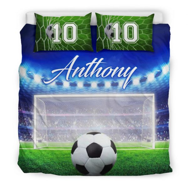 Personalized Soccer Duvet Cover Set, Soccer Ball Goal Field Player Gift Idea Blue Duvet Cover & Pillowcases, Custom Name Number Bedding Set