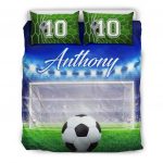 Personalized Soccer Duvet Cover Set, Soccer Ball Goal Field Player Gift Idea Blue Duvet Cover & Pillowcases, Custom Name Number Bedding Set