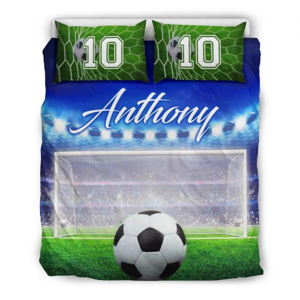 Personalized Soccer Duvet Cover Set, Soccer Ball Goal Field Player Gift Idea Blue Duvet Cover & Pillowcases, Custom Name Number Bedding Set