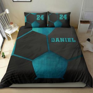 Personalized Soccer Duvet Cover Set, Soccer Blue Black Pattern 3D Player Gift Duvet Cover & Pillowcases, Custom Name Number Bedding Set