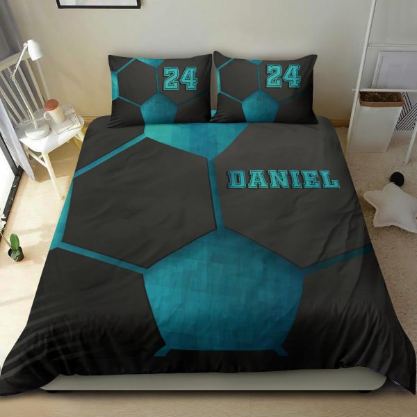 Personalized Soccer Duvet Cover Set, Soccer Blue Black Pattern 3D Player Gift Duvet Cover & Pillowcases, Custom Name Number Bedding Set