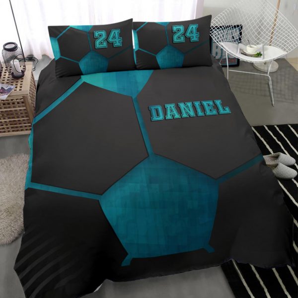 Personalized Soccer Duvet Cover Set, Soccer Blue Black Pattern 3D Player Gift Duvet Cover & Pillowcases, Custom Name Number Bedding Set