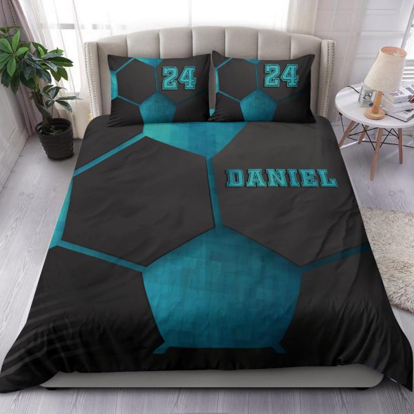 Personalized Soccer Duvet Cover Set, Soccer Blue Black Pattern 3D Player Gift Duvet Cover & Pillowcases, Custom Name Number Bedding Set