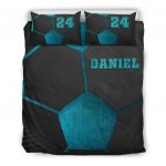 Personalized Soccer Duvet Cover Set, Soccer Blue Black Pattern 3D Player Gift Duvet Cover & Pillowcases, Custom Name Number Bedding Set