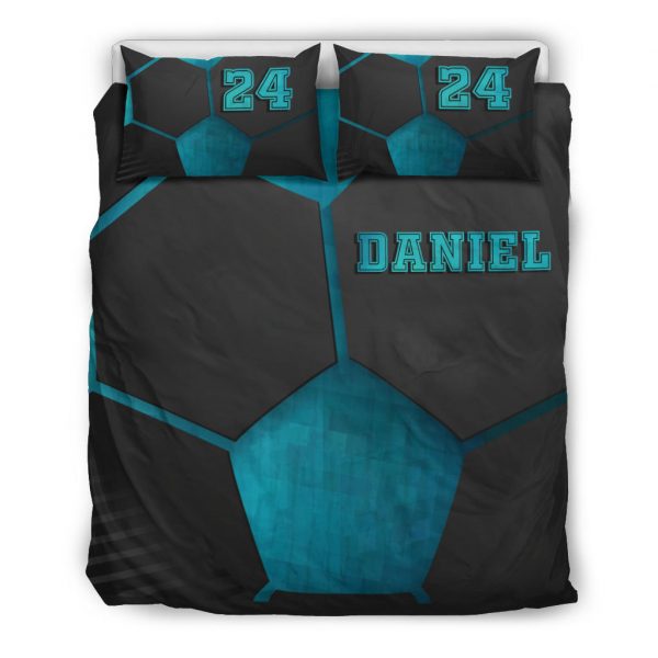 Personalized Soccer Duvet Cover Set, Soccer Blue Black Pattern 3D Player Gift Duvet Cover & Pillowcases, Custom Name Number Bedding Set