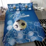 Personalized Soccer Duvet Cover Set, Soccer Ball Blue Light Player Gift Idea Duvet Cover & Pillowcases, Custom Name Number Bedding Set