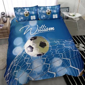 Personalized Soccer Duvet Cover Set, Soccer Ball Blue Light Player Gift Idea Duvet Cover & Pillowcases, Custom Name Number Bedding Set