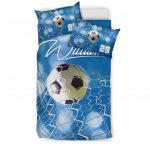 Personalized Soccer Duvet Cover Set, Soccer Ball Blue Light Player Gift Idea Duvet Cover & Pillowcases, Custom Name Number Bedding Set
