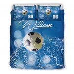 Personalized Soccer Duvet Cover Set, Soccer Ball Blue Light Player Gift Idea Duvet Cover & Pillowcases, Custom Name Number Bedding Set
