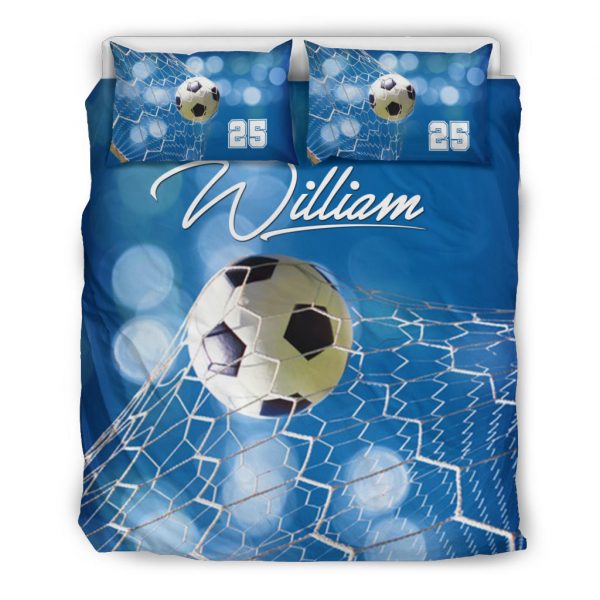Personalized Soccer Duvet Cover Set, Soccer Ball Blue Light Player Gift Idea Duvet Cover & Pillowcases, Custom Name Number Bedding Set