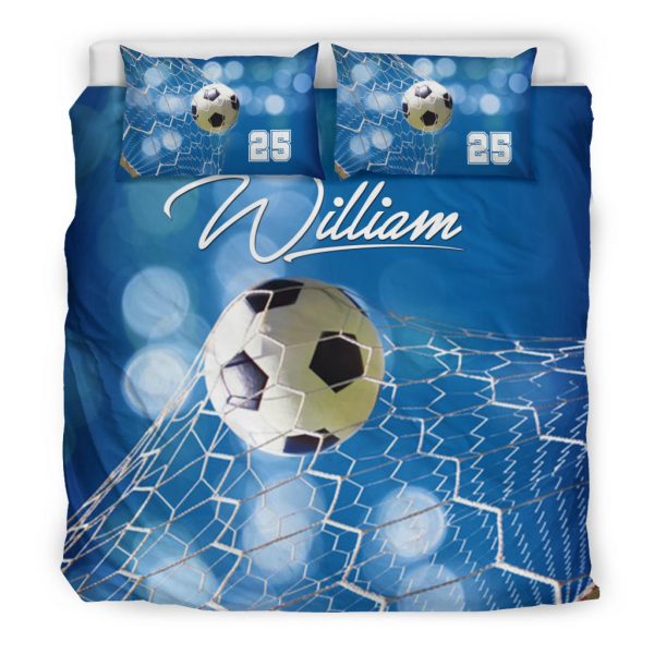 Personalized Soccer Duvet Cover Set, Soccer Ball Blue Light Player Gift Idea Duvet Cover & Pillowcases, Custom Name Number Bedding Set