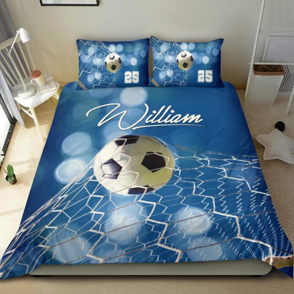 Personalized Soccer Duvet Cover Set, Soccer Ball Blue Light Player Gift Idea Duvet Cover & Pillowcases, Custom Name Number Bedding Set
