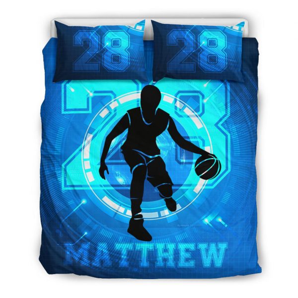 Personalized Basketball Duvet Cover Set, Basketball Blue Boy Player Unique Gift Idea Duvet Cover & Pillowcases, Custom Name Number Bedding Set