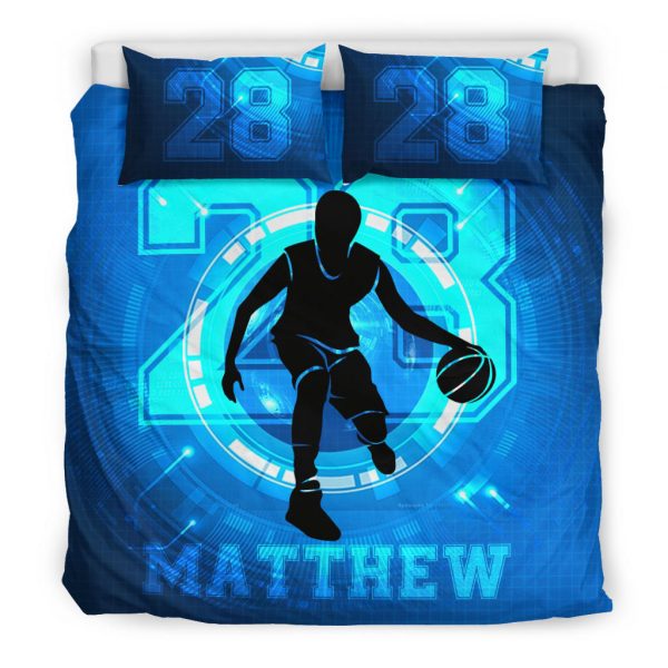 Personalized Basketball Duvet Cover Set, Basketball Blue Boy Player Unique Gift Idea Duvet Cover & Pillowcases, Custom Name Number Bedding Set